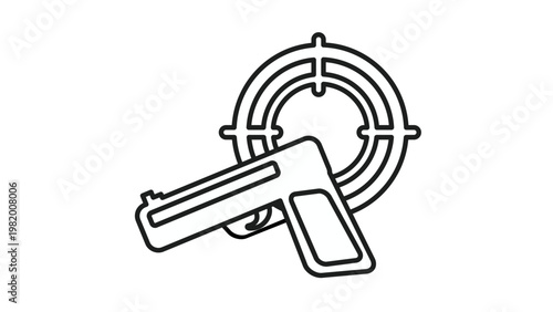 Handgun and Target Vector Icon: Minimalist Black Line Art Illustration of a Pistol and Bullseye Crosshair Symbol for Shooting Sports, Law Enforcement, Defense, and Tactical Training Concepts.