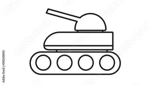 Minimalist black and white vector icon illustration of a military tank featuring a turret and cannon, isolated on a white background. Simple line art symbol for army, war, combat, and defense.