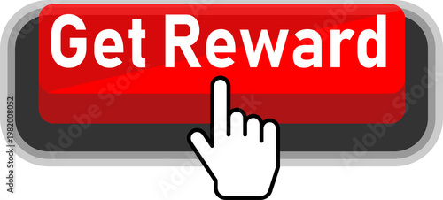 A hand pressing a large red get reward button on a smartphone screen isolated on transparent background