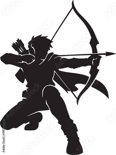 A black silhouette of a person shooting a bow and arrow Vector