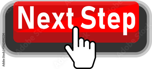 A hand clicking on a red next step button with a glossy finish isolated on transparent background