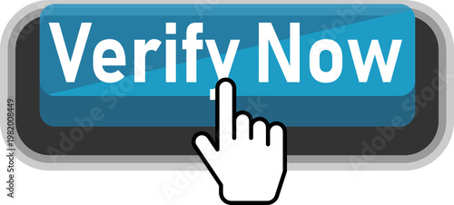 Finger pressing a blue verify now button on a digital interface isolated on transparent background