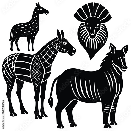 Detailed Animal Horse Zebra Llama and Lion Set in Vintage Linocut and Woodcut Style