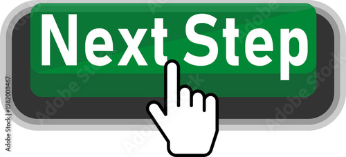 A green button labeled next step being pressed by a finger isolated on transparent background