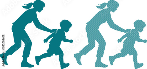 Two teal silhouettes of a woman and child running side by side