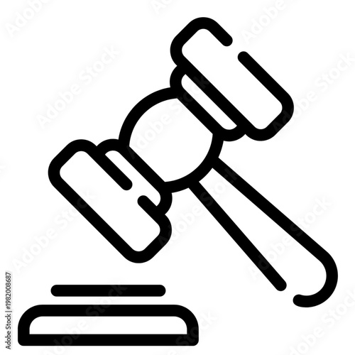 Minimalist gavel line icon, symbol of justice, law, and authority in clean outline style
