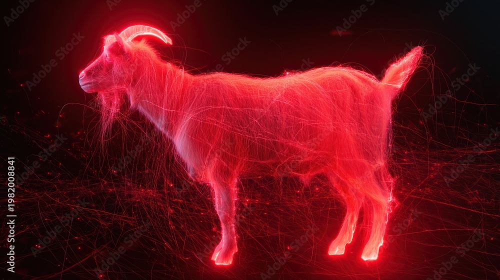 Fototapeta premium A glowing red abstract goat shape made of light trails and particles floats in darkness. This ultra realistic digital artwork features luminous energy with a mystical flair.