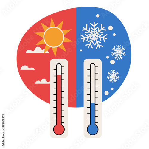 Flat graphic icon of opposing temperatures, showing hot and cold contrast with a clean, minimal design