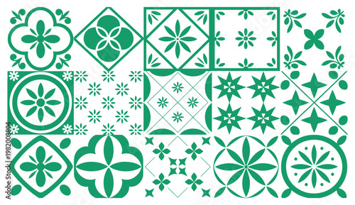 Intricate green floral and geometric tile design patterns collection