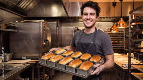 Male baker and small business owner holding tray of fresh steaming sourdough bread in professional commercial kitchen as concept of private entrepreneurship and local bakery success