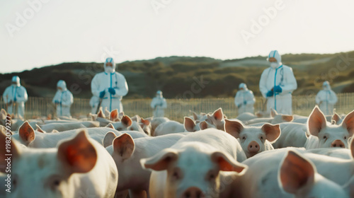 A large herd of pigs gathers in a farm enclosure as veterinarians in protective suits conduct thorough health checks. 