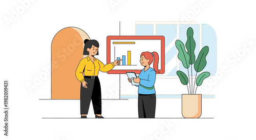 Two businesswomen discussing data on a chart in office