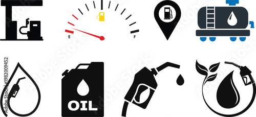 Fuel icon set. Gas station icons or signs. Engine oil icon symbol. Transport collection, petrol fuel. Vector illustration