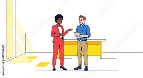 Two colleagues discussing in modern office interior