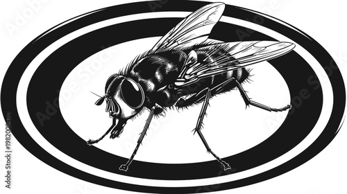 A detailed, stylized illustration of a fly within a black and white oval frame