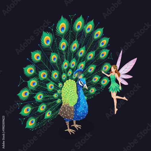 Peacock and Fairy - A Whimsical Encounter in a Dark Backdrop.