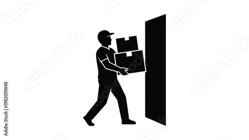 Man carrying boxes through doorway silhouette.