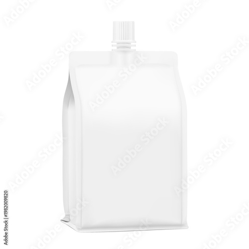 Side gusset flat bottom spout pouch packaging bag mockup. Half side view. Vector illustration isolated on white background. Can be use for template your design, presentation, promo, ad. EPS10.