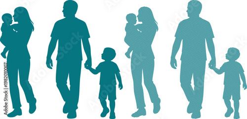 Teal silhouettes of families walking together holding hands family people