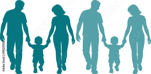 Two families walking holding hands with children teal silhouettes family
