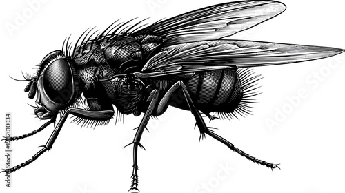 Detailed grayscale insect illustration. Depicts a fly with intricate details, viewed from the side