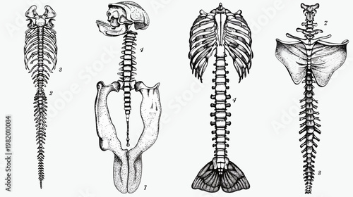 Vintage illustrations of animal skeletons showing different types of spine structures