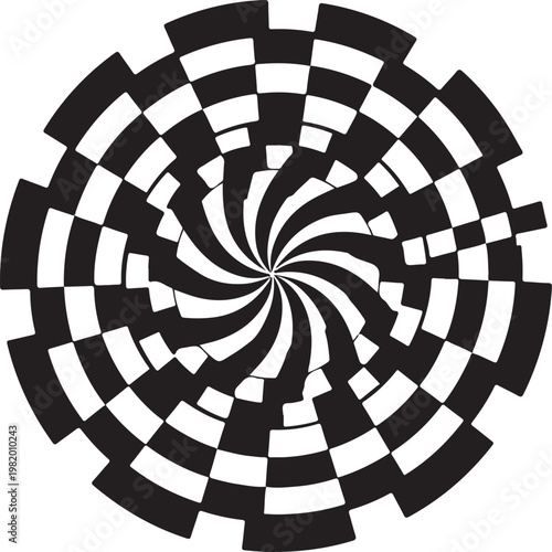 Geometric spiral pattern, black and white optical illusion, abstract maze design, optical art