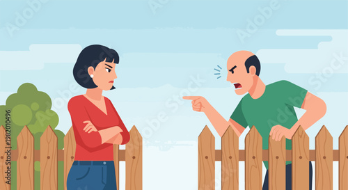 An angry man points at a woman across a wooden fence, causing a neighborhood feud