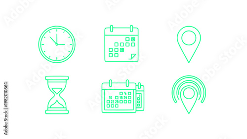 Minimal icons featuring clock, calendar, location pin, and time management symbols.