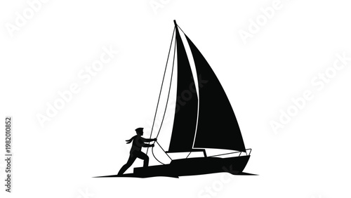 Man pushing sailboat on the water.