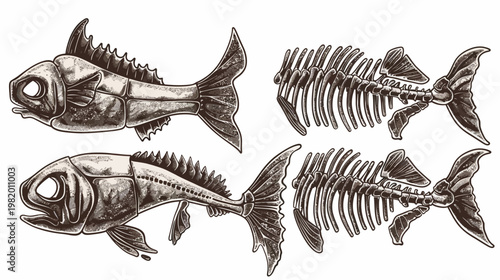 Artistic illustration of fish anatomy, showing both skeletal remains and full fish
