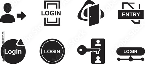 Collection of black silhouette icons representing access security and user authentication processes in a digital environment
