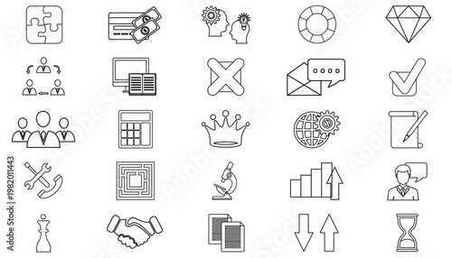 25 Minimalist Black Line Vector Icon Set Collection Bundle for Business, Finance, Technology, Education, and Communication. Symbols for Teamwork, Growth, Science, Management, and Strategy.