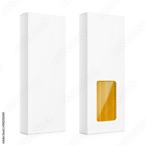 Realistic paperboard box with clear window for spaghetti mockup. Perspective view. Vector illustration. Can be use for pasta food. Ready for your design. Scalable without lose quality. EPS10.