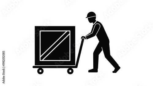 Man pushing a hand truck with box.