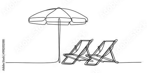 A continuous single line drawing of two beach chairs under a large umbrella for summer relaxation. Vector, illustration