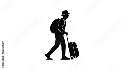 Man walking with luggage and backpack.