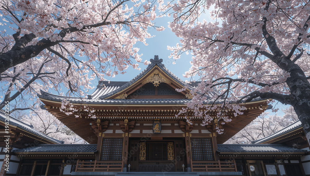 Fototapeta premium 桜の儚さと神社建築の歴史を感じる春の風景