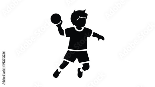 a black silhouette of a boy playing handball.