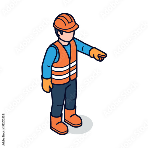Construction worker in hard hat and safety vest pointing direction.