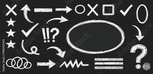 Chalkboard Doodle Elements Arrows, Checkmarks, Stars, Circles, and Question Marks on a Dark Background