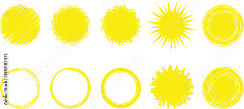 Vibrant collection of yellow suns and abstract textured circles, perfect for bright and cheerful design concepts, adding a touch of handmade artistry and warmth to any project