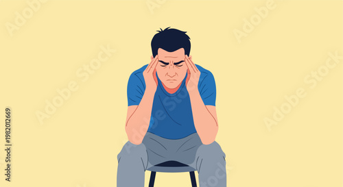 A stressed man sits down, holding his head in his hands to cope with a headache