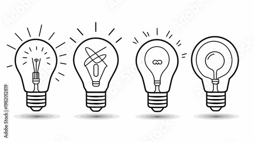 Four black and white lightbulbs, each with a unique internal graphic, and emanating light