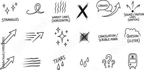 Hand-drawn sketch elements including arrows, asterisks, lines, marks, and question symbols for visual communication