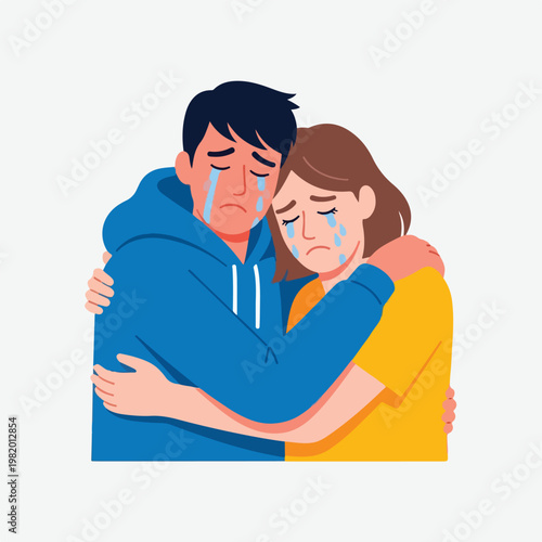 A sad young man and woman hugging each other while crying, feeling heartbroken