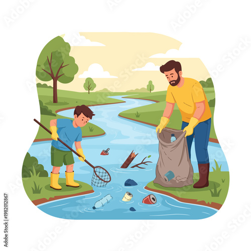 A man and boy cleaning litter from a riverbank in a park, cartoon illustration