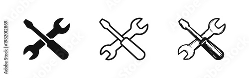 Crossed Wrench and Screwdriver Icon Set, Construction and DIY Tool Repair Symbols