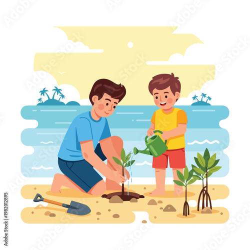 A man and boy plant a small tree together on a beach under a sunny sky