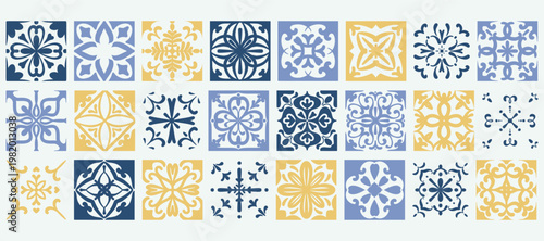 Blue Mediterranean ceramic tile collection with ornate mosaic patterns. Italian designs with floral motifs for decorative walls and traditional interiors. Vector illustration